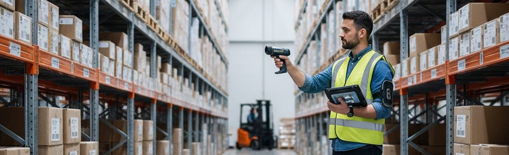 Operario escaneando el contenido de una caja abierta con subcajas mientras un lector fijo escanea el exterior