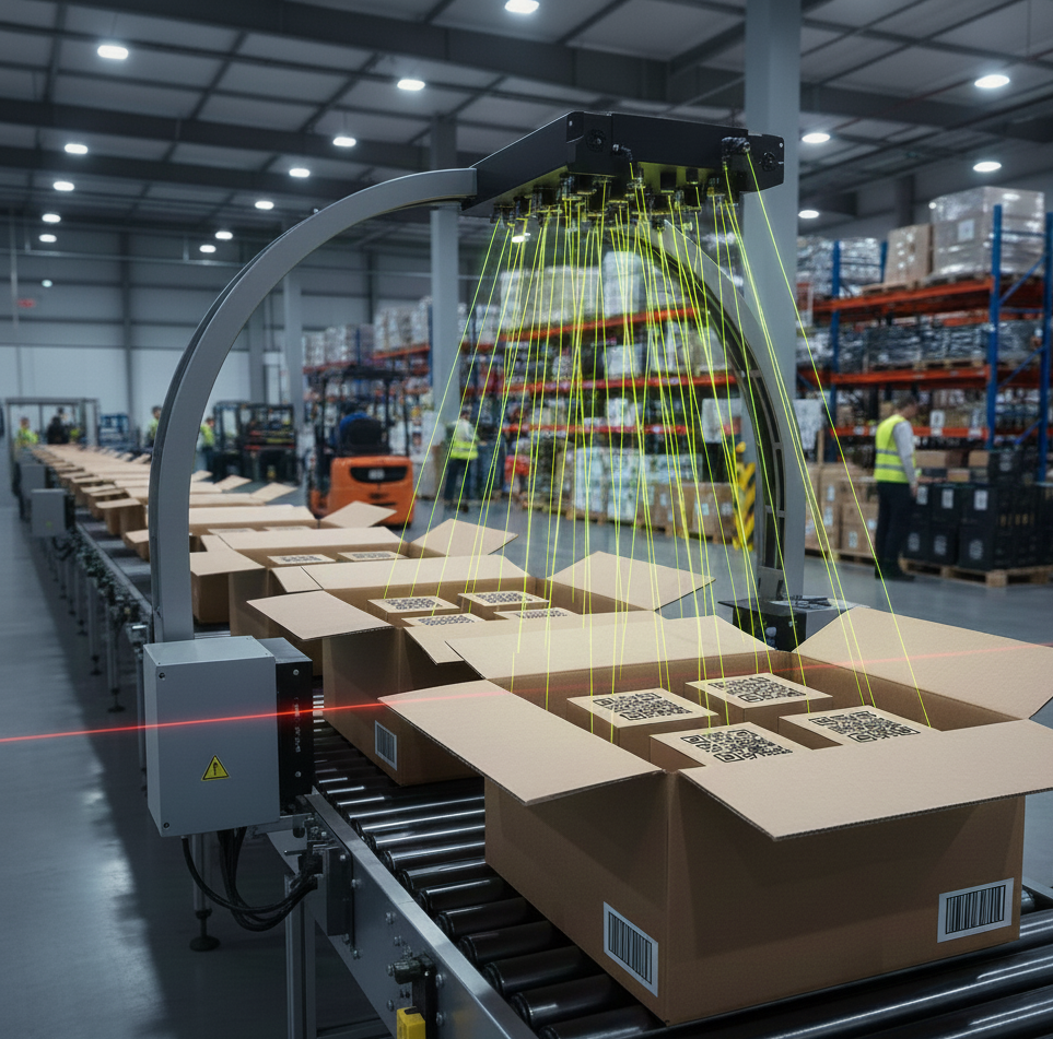 Operario de almacén en un pasillo de estanterías consultando una tablet